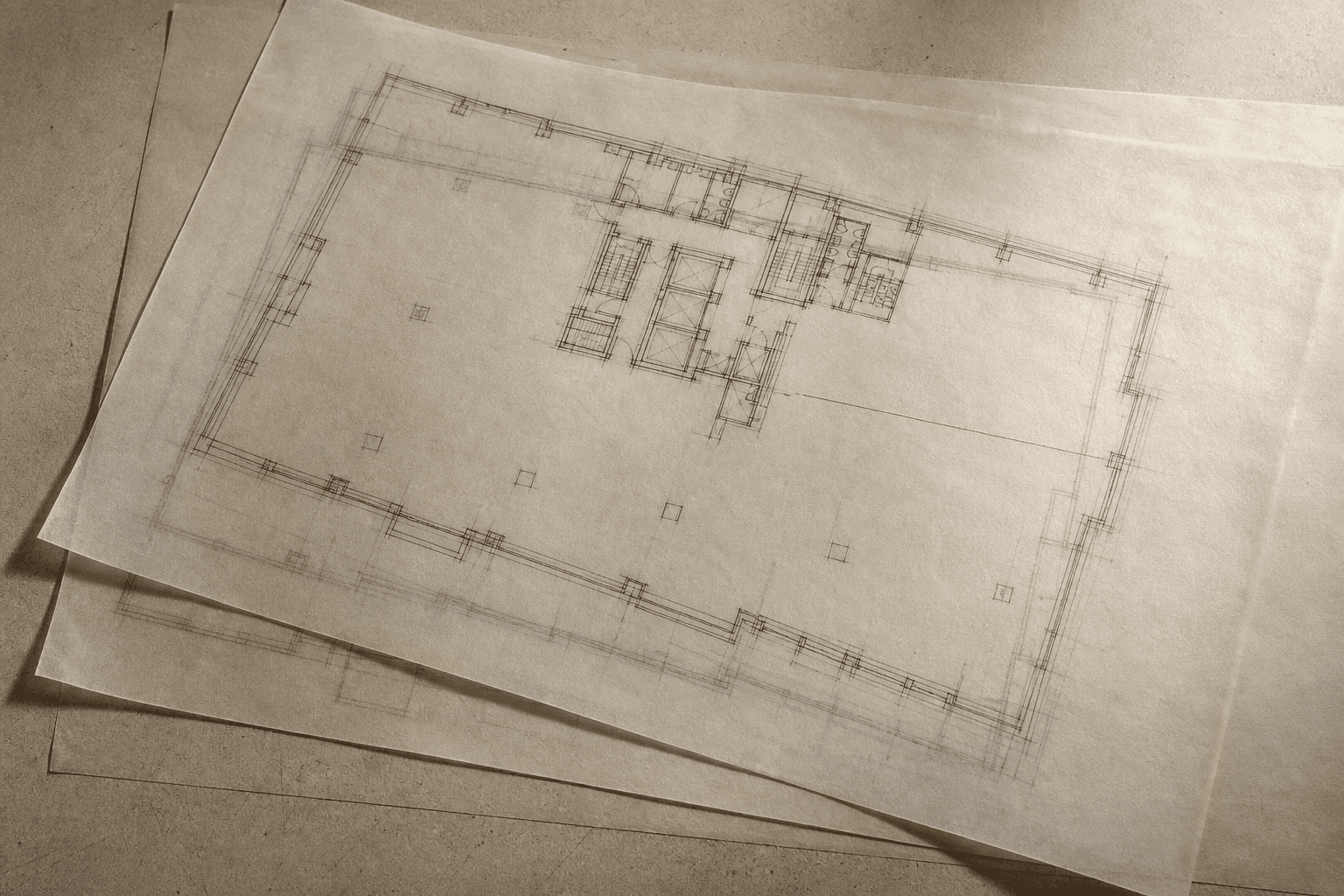 Three sheets of tracing paper carrying the same floor plan, laid slightly out of register so the identical lines double.